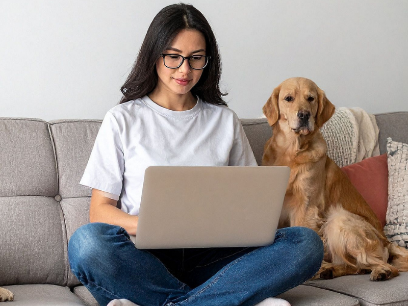 Woman wearing glasses and a white shirt sits cross-legged on a gray sofa, typing on a laptop with two golden retrievers nearby at home.