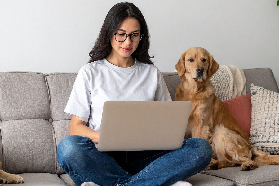 Woman wearing glasses and a white shirt sits cross-legged on a gray sofa, typing on a laptop with two golden retrievers nearby at home.