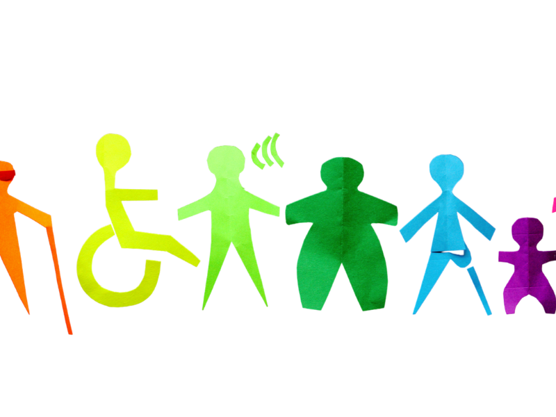 Rainbow row of abstract human silhouettes, including a person in a wheelchair, on a white background.