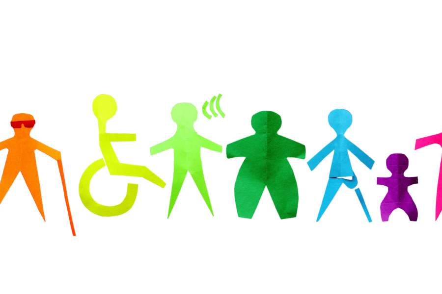 Rainbow row of abstract human silhouettes, including a person in a wheelchair, on a white background.