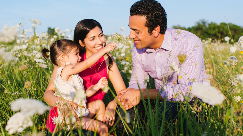 Family in a sunny wildflower field shares a moment of joy, daughter playing with parents nearby
