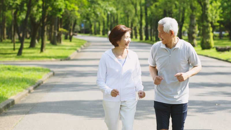 Older couple walking and chatting on a sunny, tree-lined park path