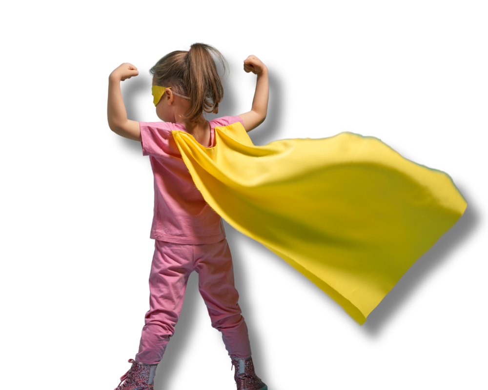 A child in a yellow cape posing like a superhero &mdash; a reminder to check how much life insurance is enough